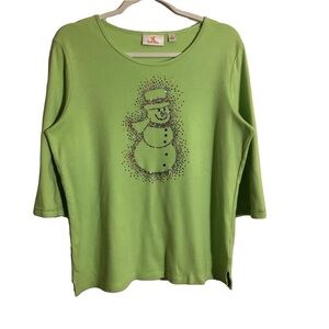 Quacker Factory Womens The jack frost lime scoop neck Tshirt Size S snowman